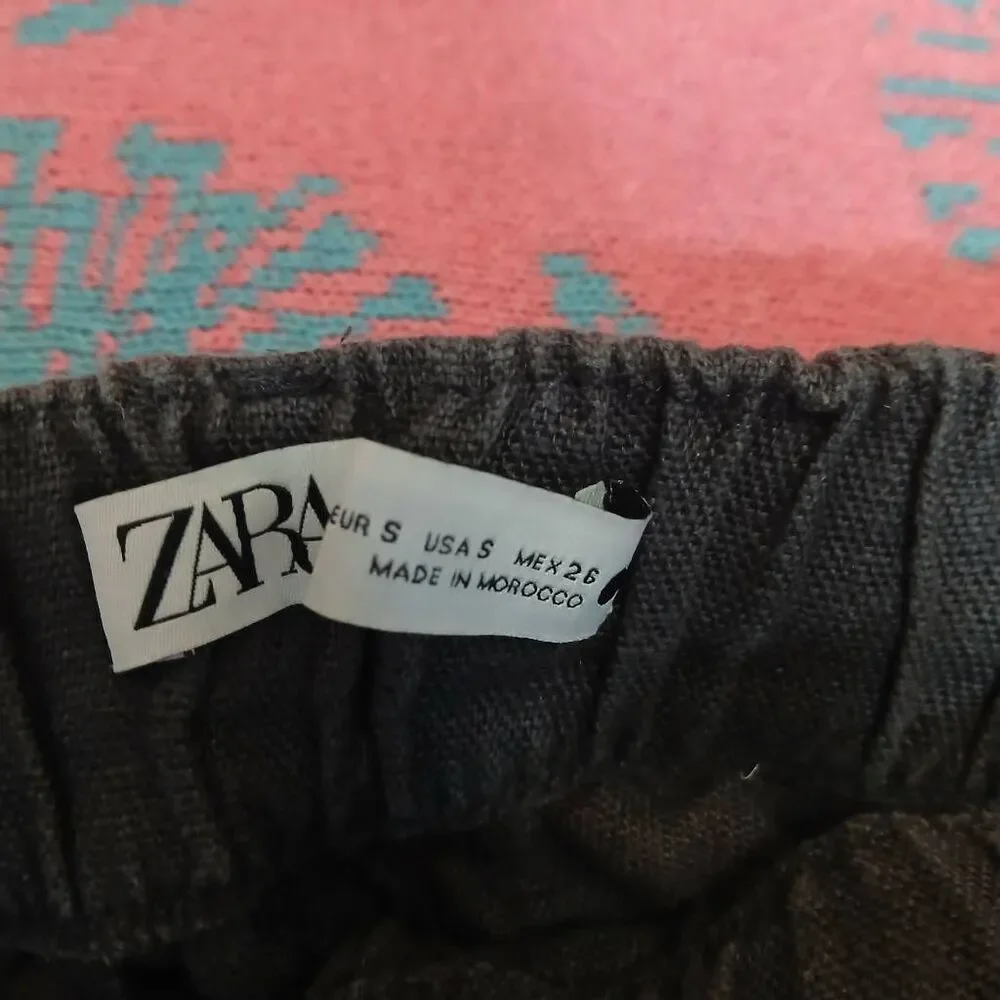 Zara womens small linen gray trousers pants wide leg pull on elastic waist